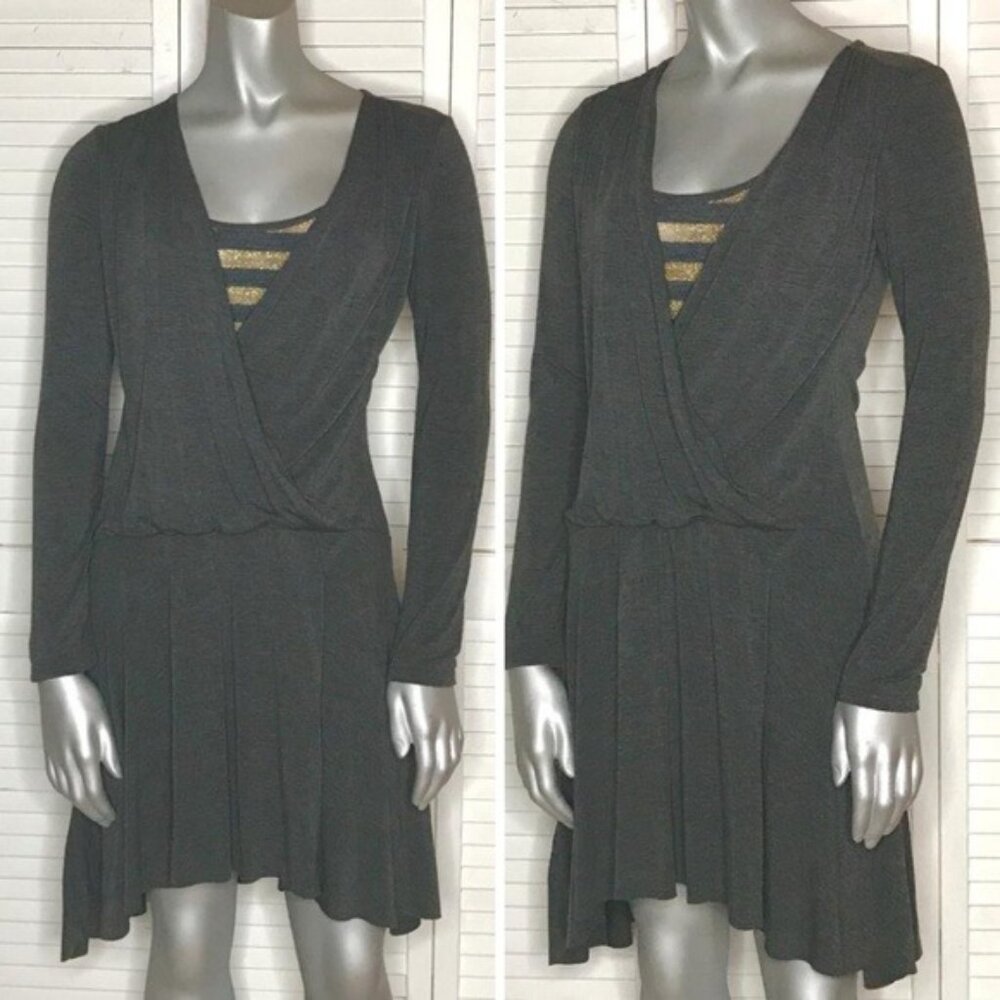 LOLA Italy Dark Gray Stretch Jersey Draped Ruched Gold Layered Knit Dress S NWT
